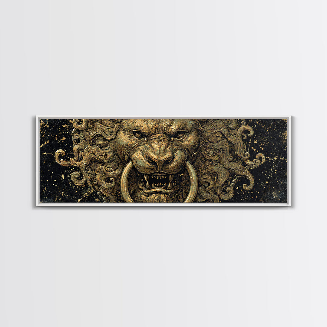 Roaring Lion Head, Fierce Mythological Beast Symbol Of Power Wall Artwork, Gold Canvas Print, Real Wood Frame Wall Decor