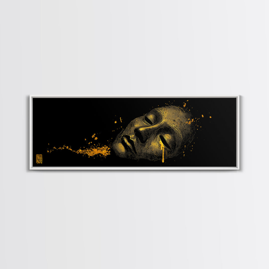Crying Mask Artwork, Mythological Tragedy Symbol Dramatic Face Wall Design, Gold Canvas Print, Real Wood Frame Wall Art