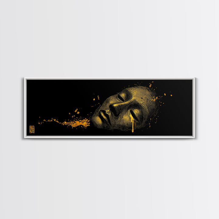 Crying Mask Artwork, Mythological Tragedy Symbol Dramatic Face Wall Design, Gold Canvas Print, Real Wood Frame Wall Art