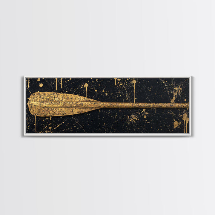 Ancient Oar Artwork, Mythological Paddle With Script Decorative Wall Design, Gold Canvas Print, Real Wood Frame Wall Art