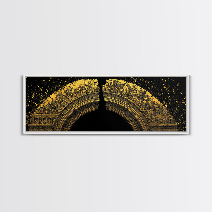 Golden Arch Of Mythology, Classical Greek Relief Sculpture Wall Decor, Gold Canvas Print, Real Wood Frame