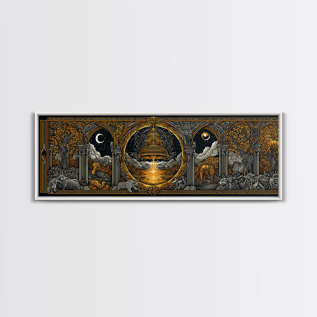 Mythological Temple Scene With Golden Bell, Classical Arches And Night Sky Artwork, Gold Canvas Print, Real Wood Frame