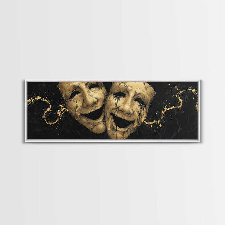 Comedy And Tragedy Masks, Ancient Greek Theater Symbolic Mythological Artwork, Gold Canvas Print, Real Wood Frame Wall Art