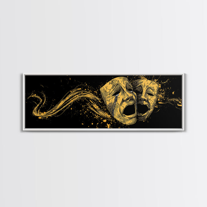 Paired Tragic Masks, Mythological Theater Symbol Decorative Wall Artwork, Gold Canvas Print, Real Wood Frame Wall Decor
