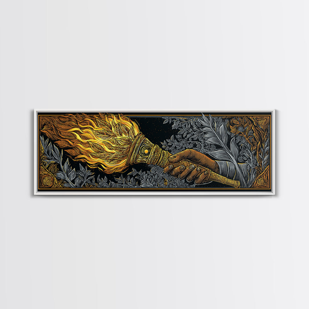 Ancient Torch Of Flames, Mythological Fire Symbol Decorative Wall Artwork, Gold Canvas Print, Real Wood Frame Wall Decor