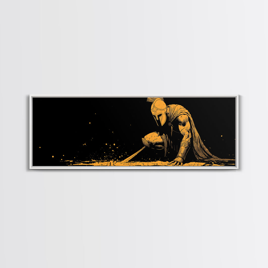Greek Warrior Kneeling, Ancient Mythological Spartan Soldier With Spear Artwork, Gold Canvas Print, Real Wood Frame Decor