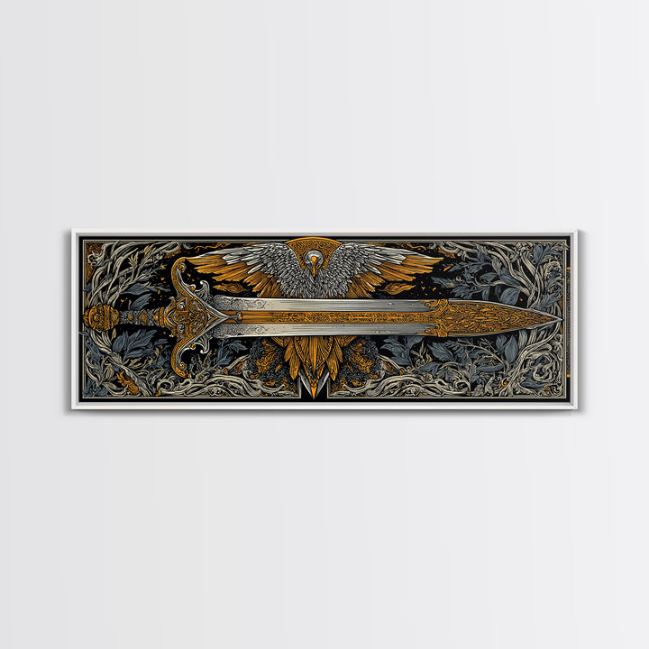 Sword With Wings, Mythological Weapon And Guardian Bird Decorative Wall Artwork, Gold Canvas Print, Real Wood Frame Art