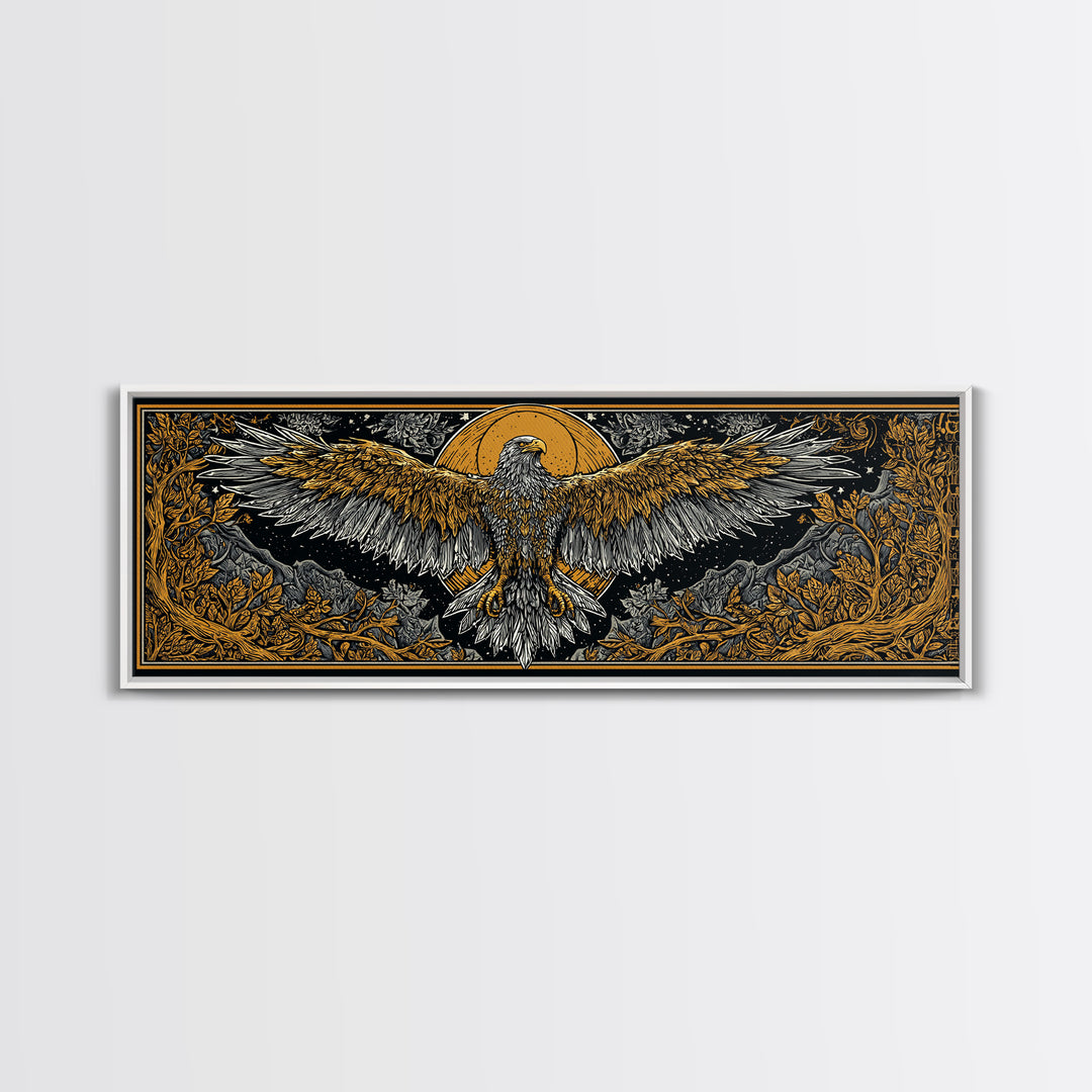 Majestic Golden Eagle Rising, Mythical Bird Of Power Wall Decor, Gold Canvas Print, Real Wood Framed Art