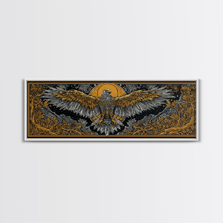 Majestic Golden Eagle Rising, Mythical Bird Of Power Wall Decor, Gold Canvas Print, Real Wood Framed Art