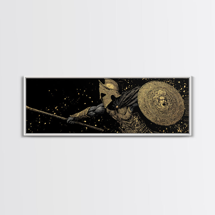 Heroic Warrior With Shield, Ancient Greek Spartan Mythological Battle Artwork, Gold Canvas Print, Real Wood Frame Wall Decor
