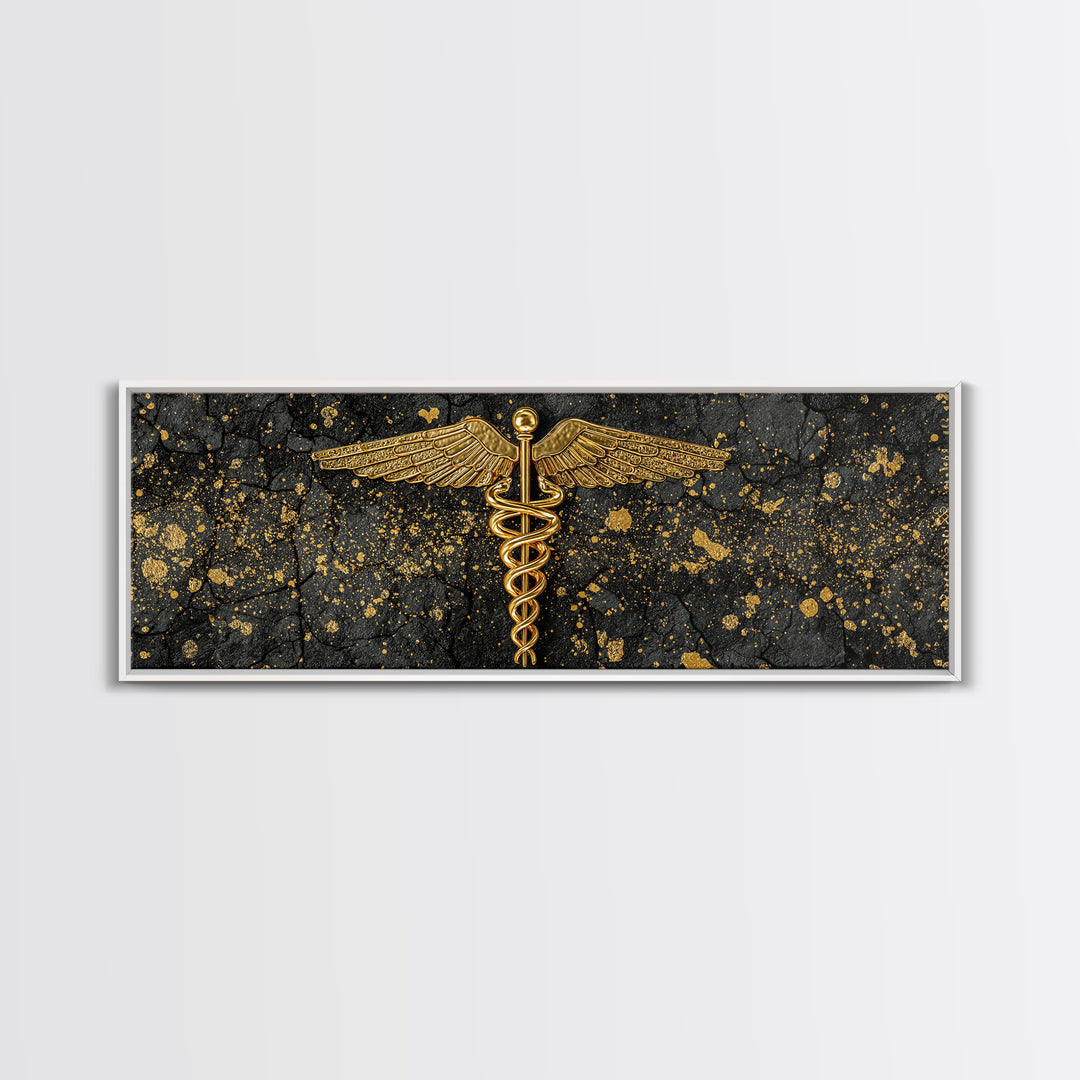 Caduceus Symbol Artwork, Ancient Mythological Medicine Emblem Decorative Wall Art, Gold Canvas Print, Real Wood Frame