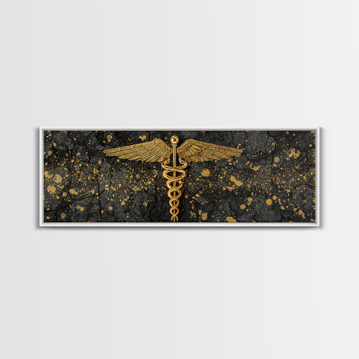 Caduceus Symbol Artwork, Ancient Mythological Medicine Emblem Decorative Wall Art, Gold Canvas Print, Real Wood Frame