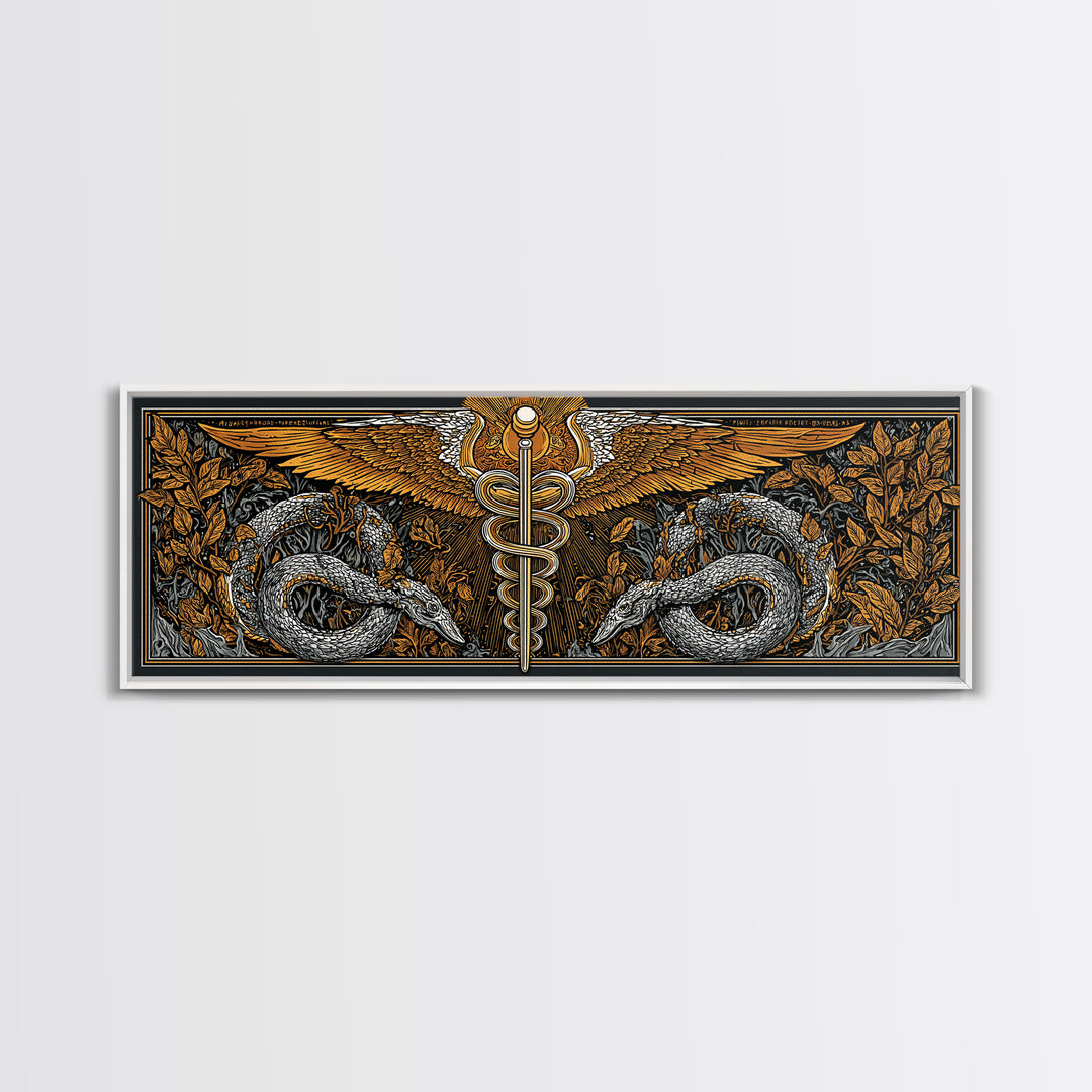 Caduceus With Serpents, Mythological Healing Symbol Decorative Wall Artwork, Gold Canvas Print, Real Wood Frame Decor