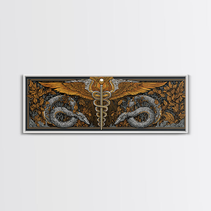 Caduceus With Serpents, Mythological Healing Symbol Decorative Wall Artwork, Gold Canvas Print, Real Wood Frame Decor