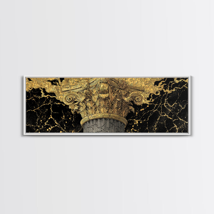 Classical Corinthian Column, Ancient Pillar Decorative Architectural Artwork, Gold Canvas Print, Real Wood Frame Wall Art