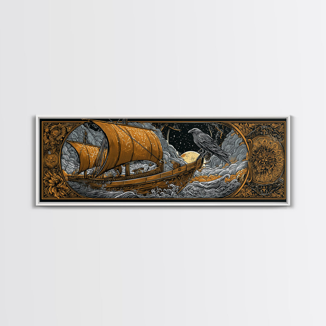Ancient Sailing Ship, Mythological Vessel With Raven Decorative Wall Artwork, Gold Canvas Print, Real Wood Frame Wall Decor