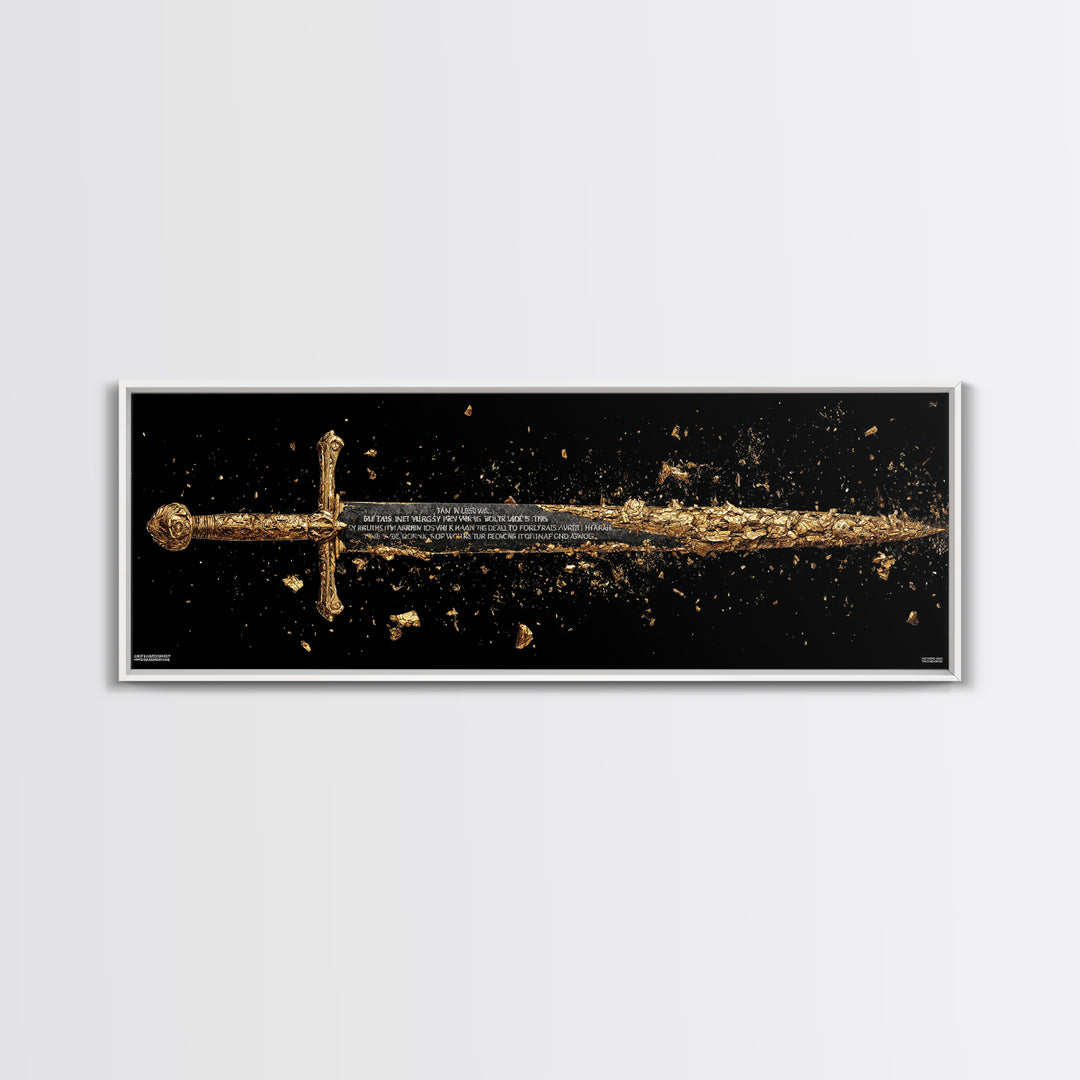 Ancient Sword Shattering, Mythological Weapon Symbolic Battle Decorative Artwork, Gold Canvas Print, Real Wood Frame Wall Art
