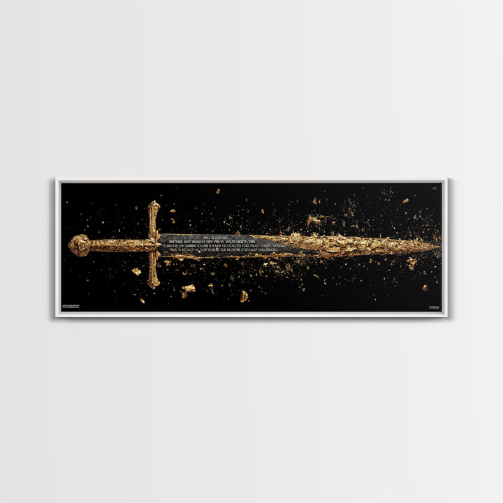 Ancient Sword Shattering, Mythological Weapon Symbolic Battle Decorative Artwork, Gold Canvas Print, Real Wood Frame Wall Art