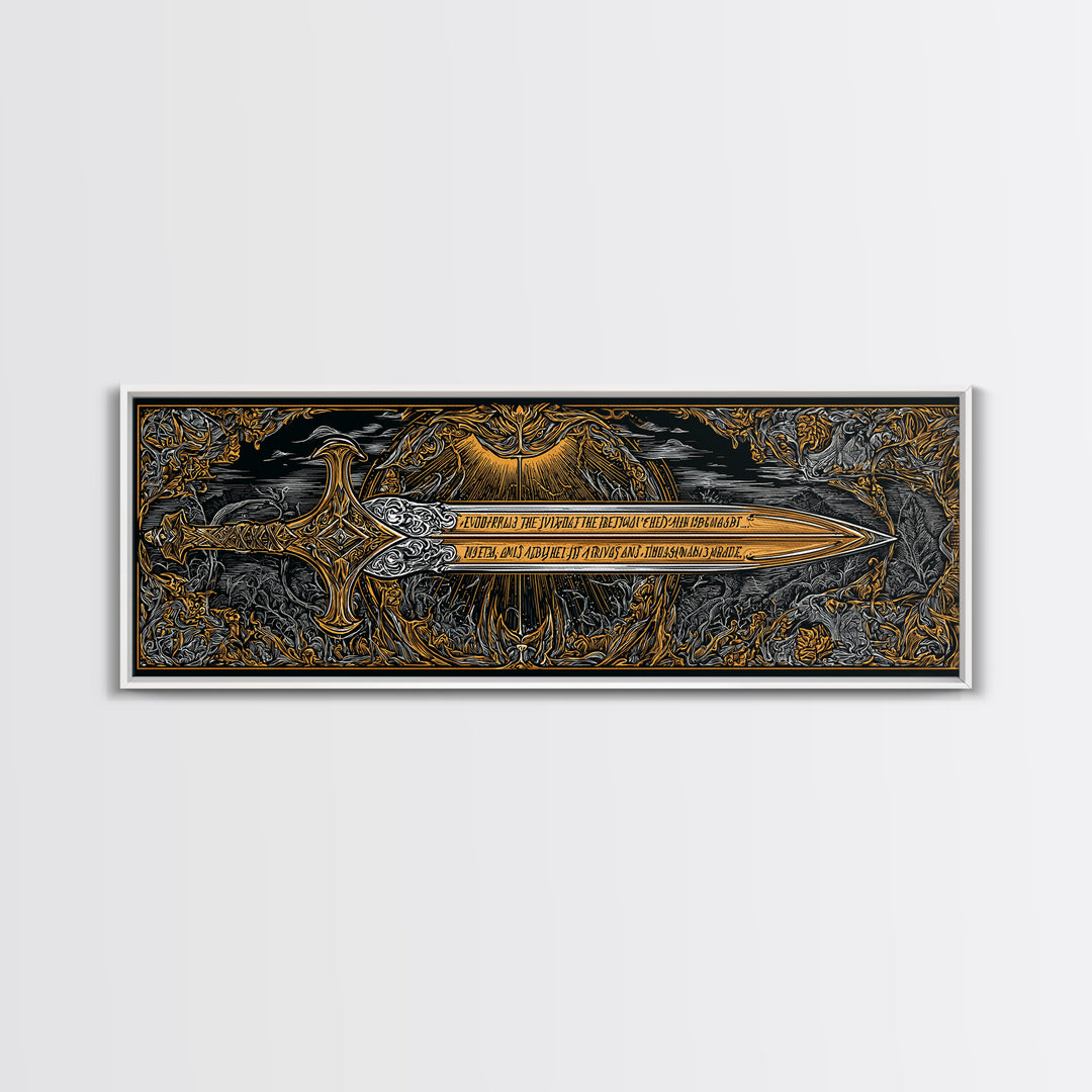 Ornate Mythological Sword, Decorative Ancient Weapon Symbolic Wall Artwork, Gold Canvas Print, Real Wood Frame Wall Decor