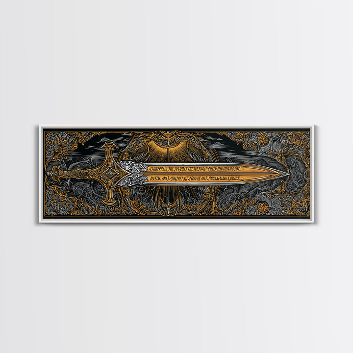 Ornate Mythological Sword, Decorative Ancient Weapon Symbolic Wall Artwork, Gold Canvas Print, Real Wood Frame Wall Decor