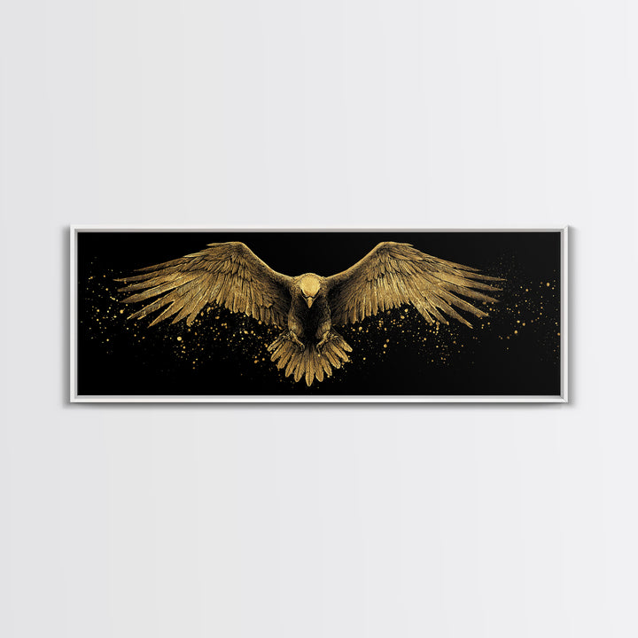 Golden Eagle In Flight, Regal Mythological Bird Wall Decor, Gold Canvas Print, Real Wood Frame Art