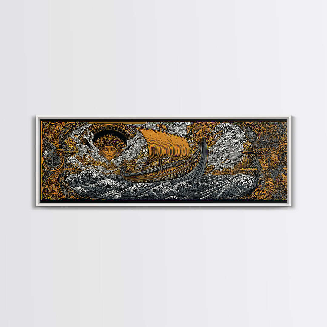 Mythological Sun Face And Ancient Ship, Epic Sea Voyage Decorative Wall Artwork, Gold Canvas Print, Real Wood Frame Decor