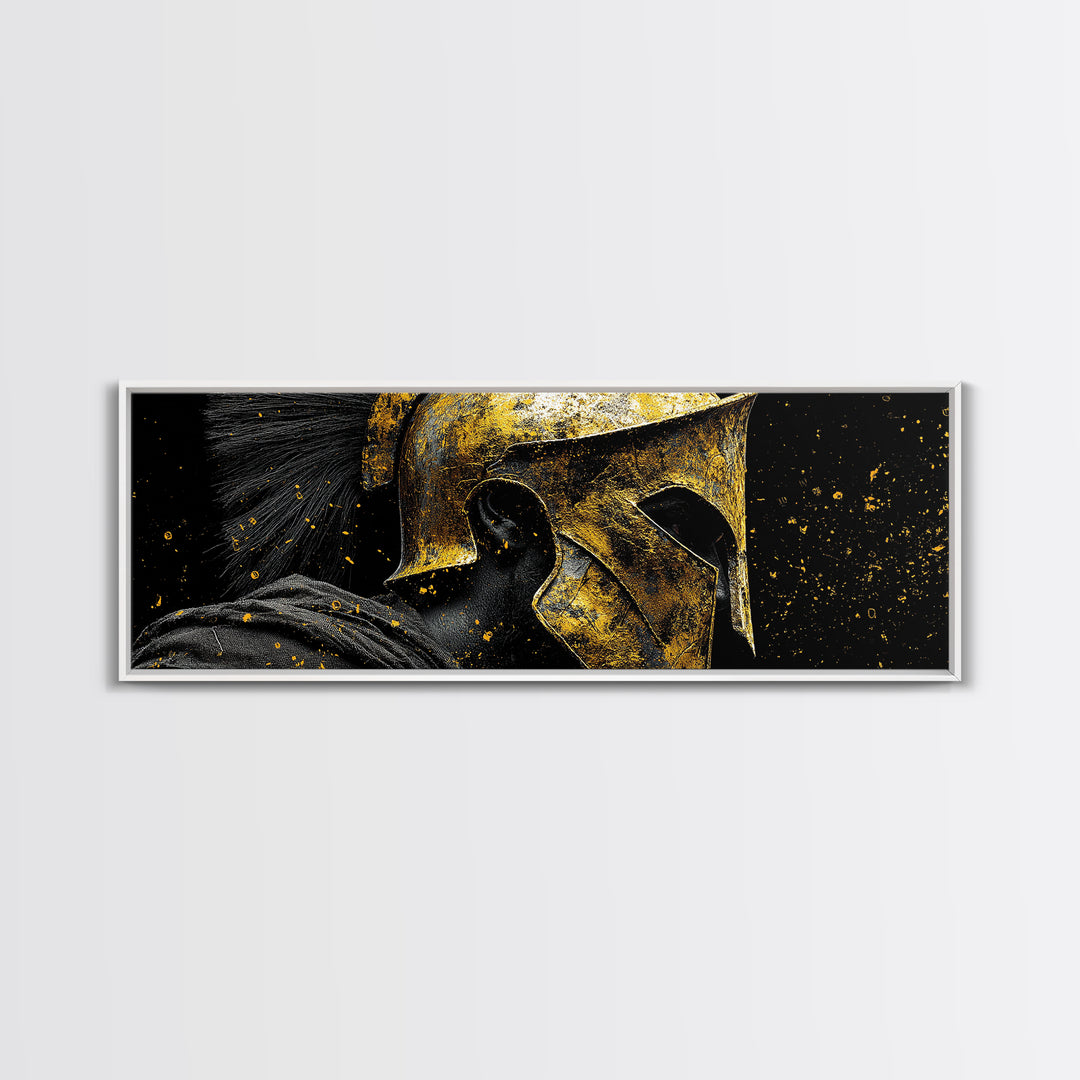 Spartan Warrior Helmet, Ancient Greek Mythological Armor Decorative Artwork, Gold Canvas Print, Real Wood Frame Wall Art