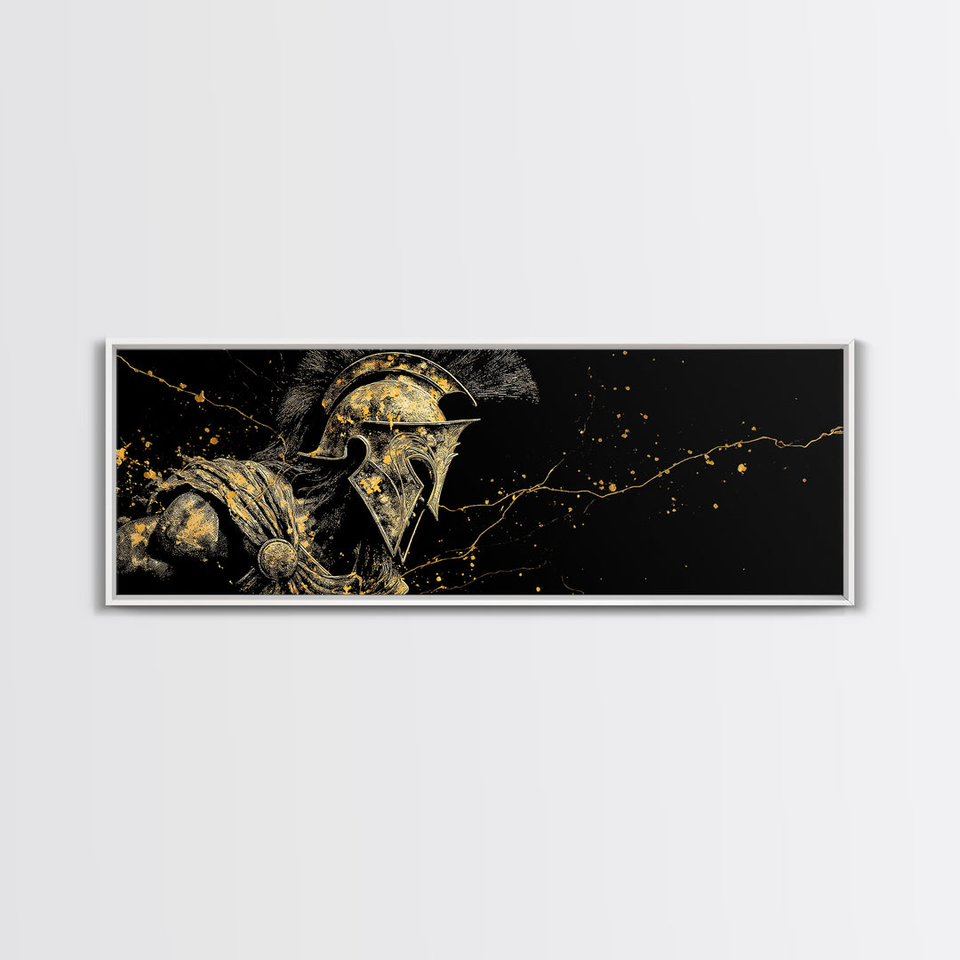 Detailed Spartan Warrior Helmet, Ancient Greek Mythological Armor Decorative Artwork, Gold Canvas Print, Real Wood Frame Art