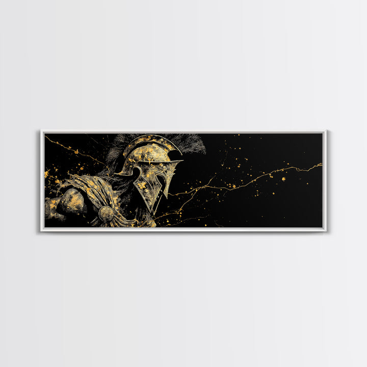 Detailed Spartan Warrior Helmet, Ancient Greek Mythological Armor Decorative Artwork, Gold Canvas Print, Real Wood Frame Art