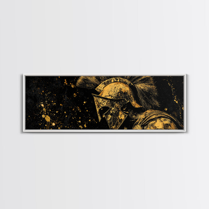 Spartan Helmet Portrait, Ancient Greek Warrior Symbol Of Strength Decorative Artwork, Gold Canvas Print, Real Wood Frame Art