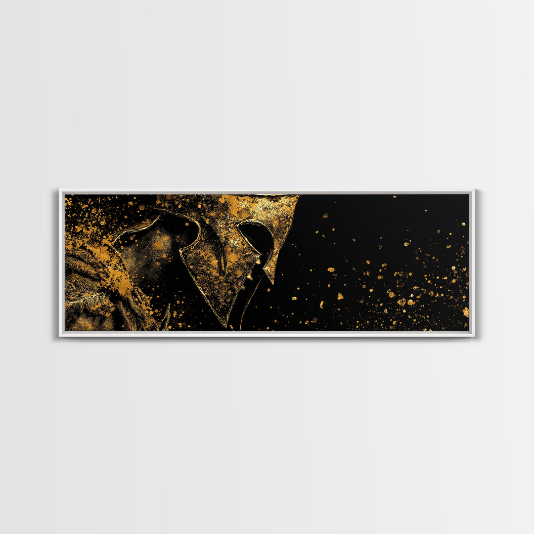 Spartan Warrior Close Up, Mythological Greek Helmet Armor Decorative Wall Artwork, Gold Canvas Print, Real Wood Frame Decor