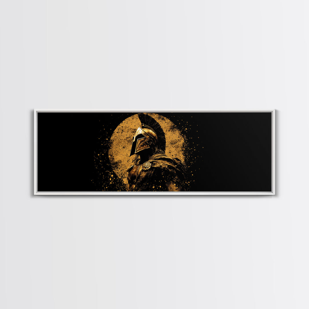 Heroic Spartan Warrior, Ancient Greek Mythological Armor Symbol Decorative Artwork, Gold Canvas Print, Real Wood Frame Wall Art