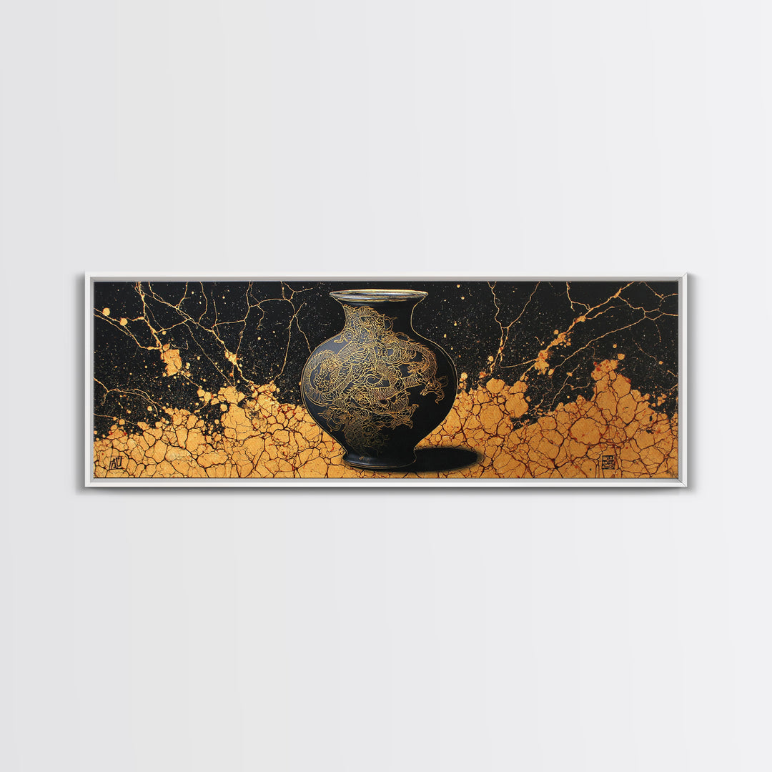 Ancient Golden Vase, Mythical Dragon Engraving Wall Decor, Gold Canvas Print, Real Wood Framed Art