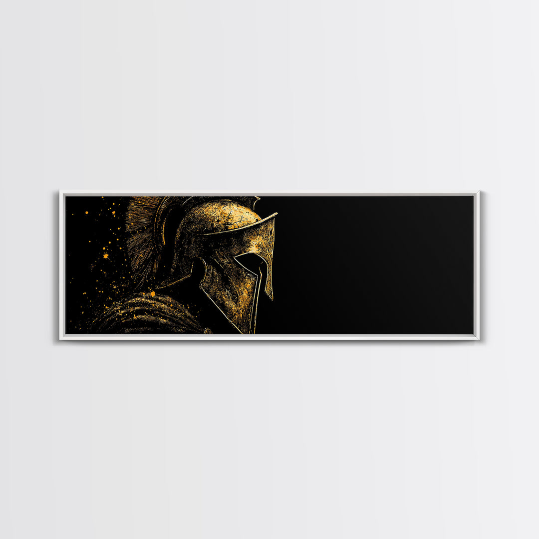 Spartan Helmet Profile, Ancient Greek Mythological Warrior Armor Decorative Artwork, Gold Canvas Print, Real Wood Frame Wall Art