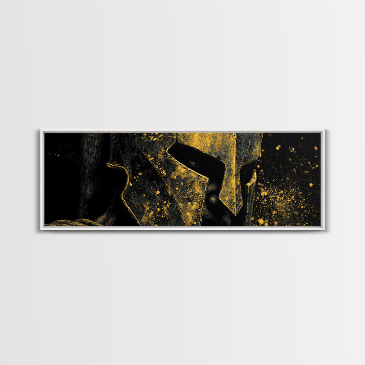 Spartan Warrior Close Up, Ancient Greek Helmet Portrait Decorative Wall Artwork, Gold Canvas Print, Real Wood Frame Decor