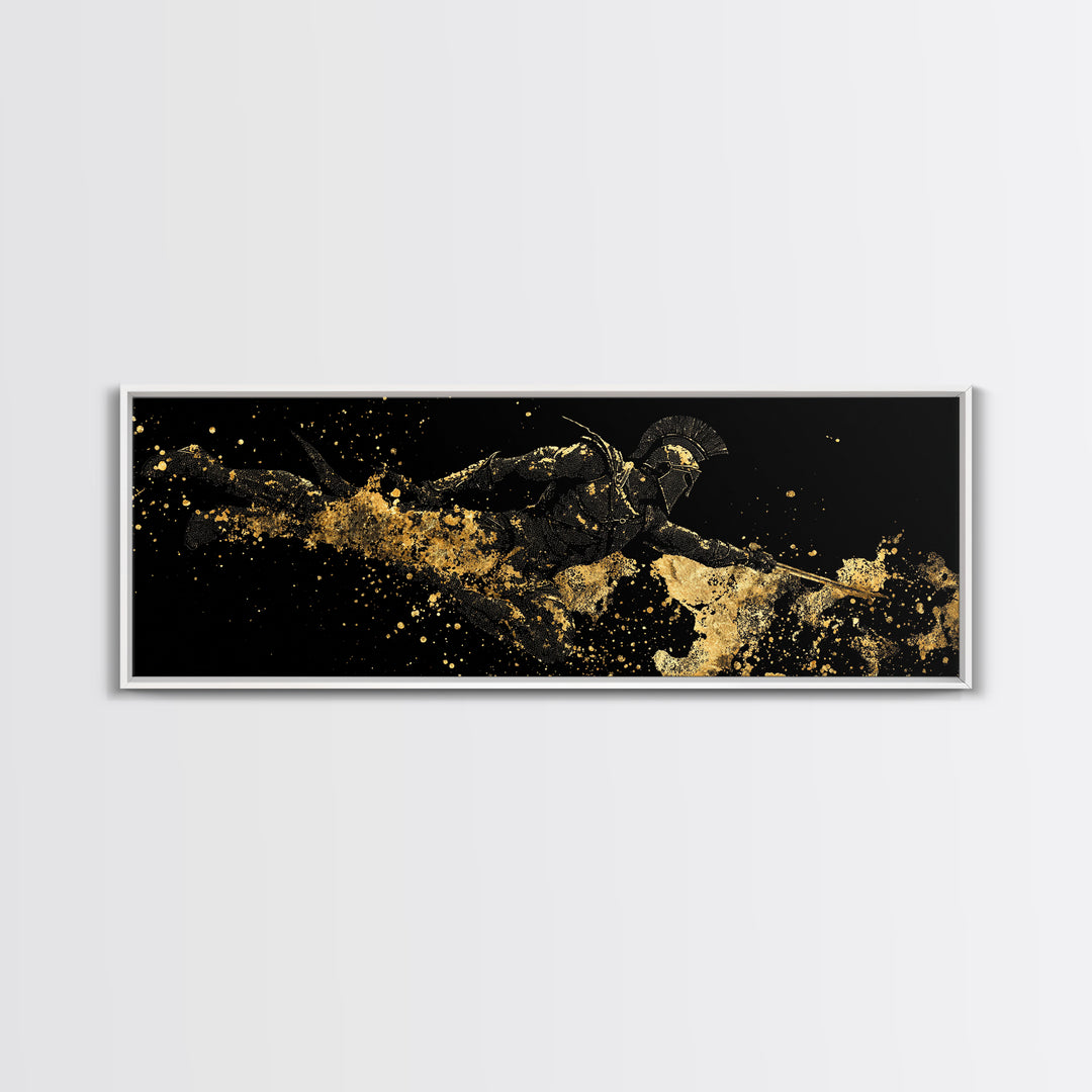 Spartan Warrior Leaping, Ancient Greek Heroic Battle Scene Decorative Wall Artwork, Gold Canvas Print, Real Wood Frame Decor