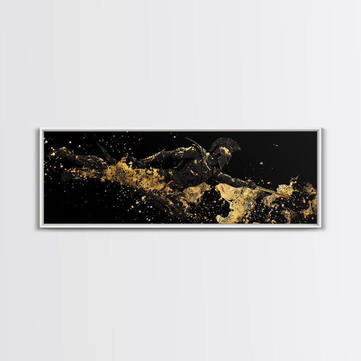 Spartan Warrior Leaping, Ancient Greek Heroic Battle Scene Decorative Wall Artwork, Gold Canvas Print, Real Wood Frame Decor