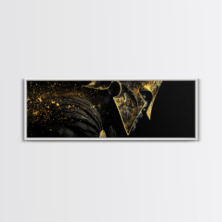 Spartan Helmet Side View, Mythological Greek Warrior Armor Decorative Wall Artwork, Gold Canvas Print, Real Wood Frame Art