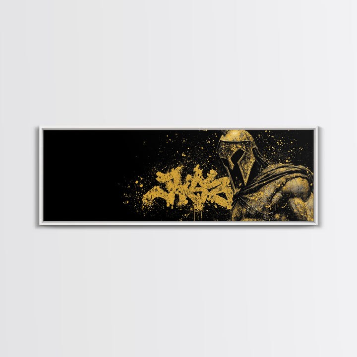 Greek Warrior Portrait, Ancient Spartan Helmet With Symbolic Cloak Artwork, Gold Canvas Print, Real Wood Frame Wall Decor