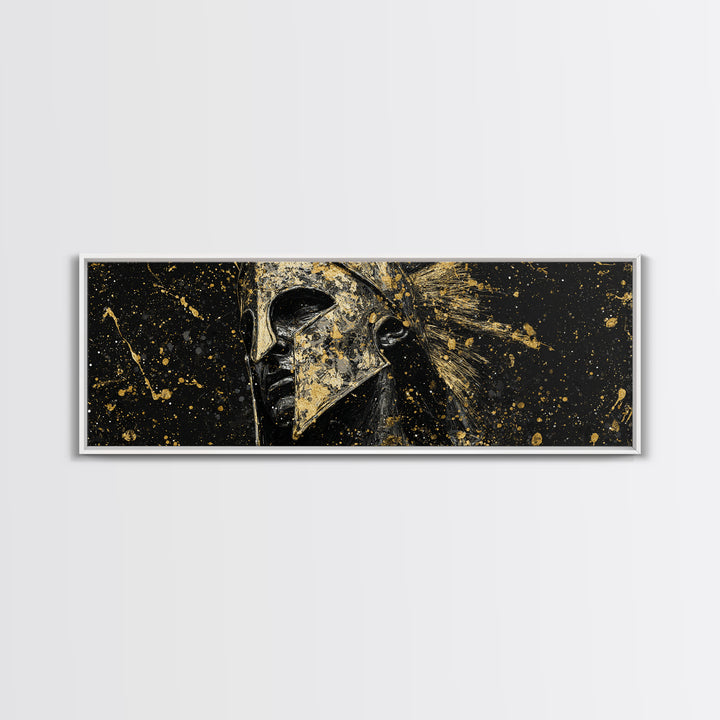 Spartan Helmet And Graffiti, Mythological Greek Warrior Decorative Wall Artwork, Gold Canvas Print, Real Wood Frame Wall Art