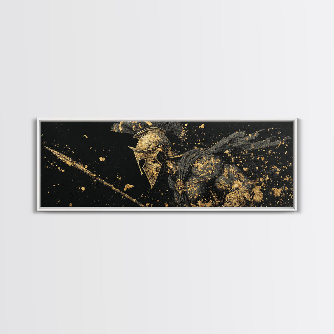 Spartan Helmet Detailed Profile, Ancient Greek Warrior Decorative Wall Artwork, Gold Canvas Print, Real Wood Frame Wall Decor