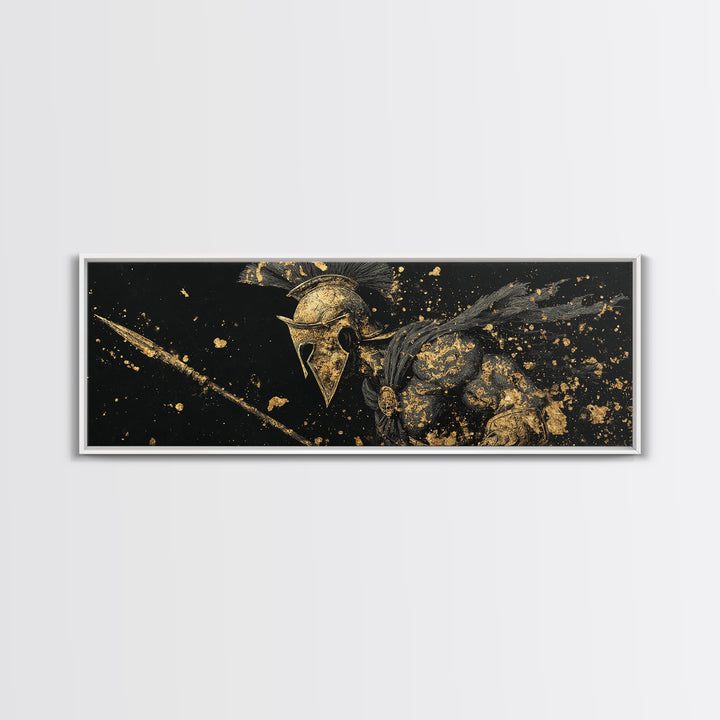 Spartan Helmet Detailed Profile, Ancient Greek Warrior Decorative Wall Artwork, Gold Canvas Print, Real Wood Frame Wall Decor