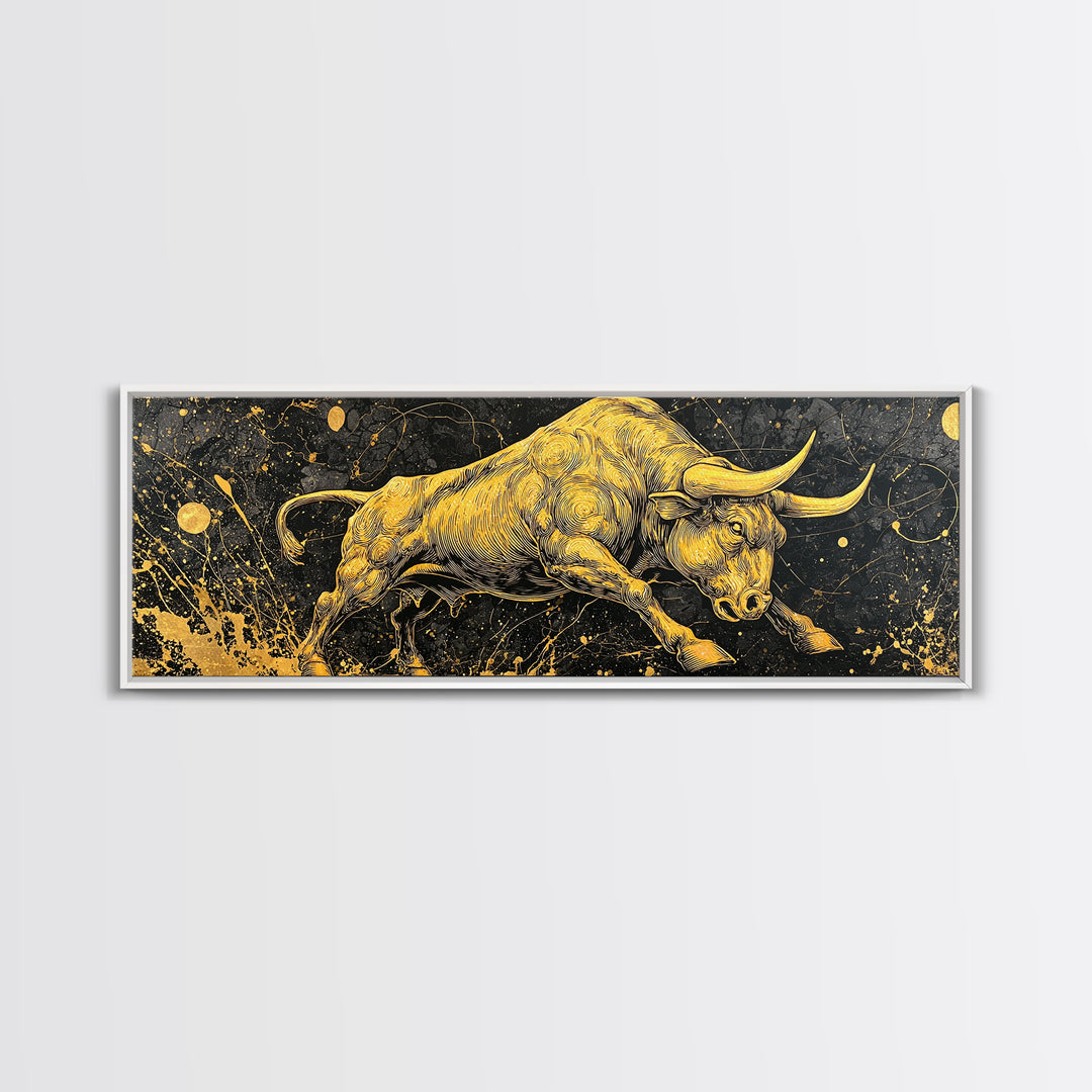 Charging Bull Artwork, Mythical Strength And Power Wall Decor, Gold Canvas Print, Real Wood Frame Art