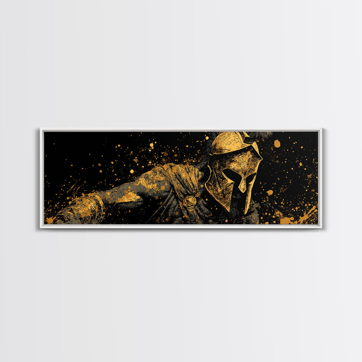 Greek Warrior With Spear, Ancient Spartan Battle Scene Decorative Wall Artwork, Gold Canvas Print, Real Wood Frame Wall Art