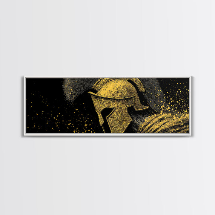 Spartan Helmet Portrait, Ancient Greek Warrior Symbolic Decorative Artwork, Gold Canvas Print, Real Wood Frame Wall Decor