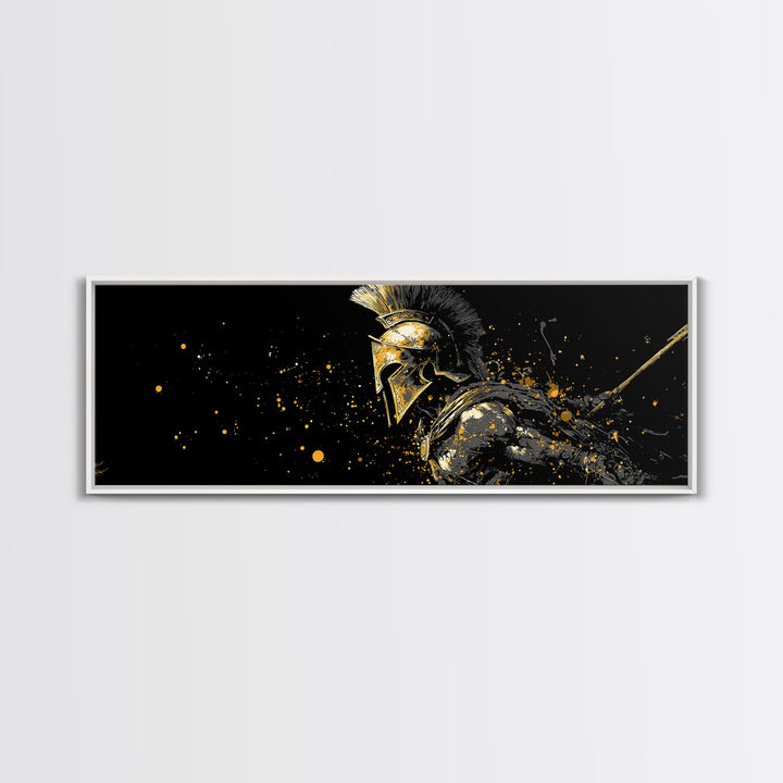 Greek Warrior In Battle Stance, Mythological Spartan Hero Decorative Artwork, Gold Canvas Print, Real Wood Frame Wall Art