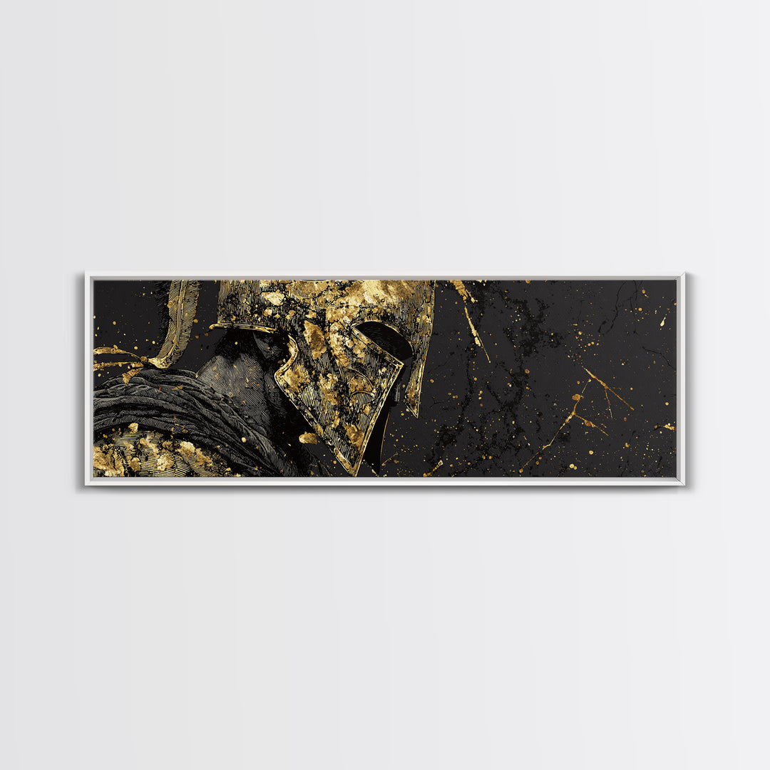 Greek Warrior Close Up, Spartan Mythological Armor Decorative Wall Artwork, Gold Canvas Print, Real Wood Frame Wall Decor