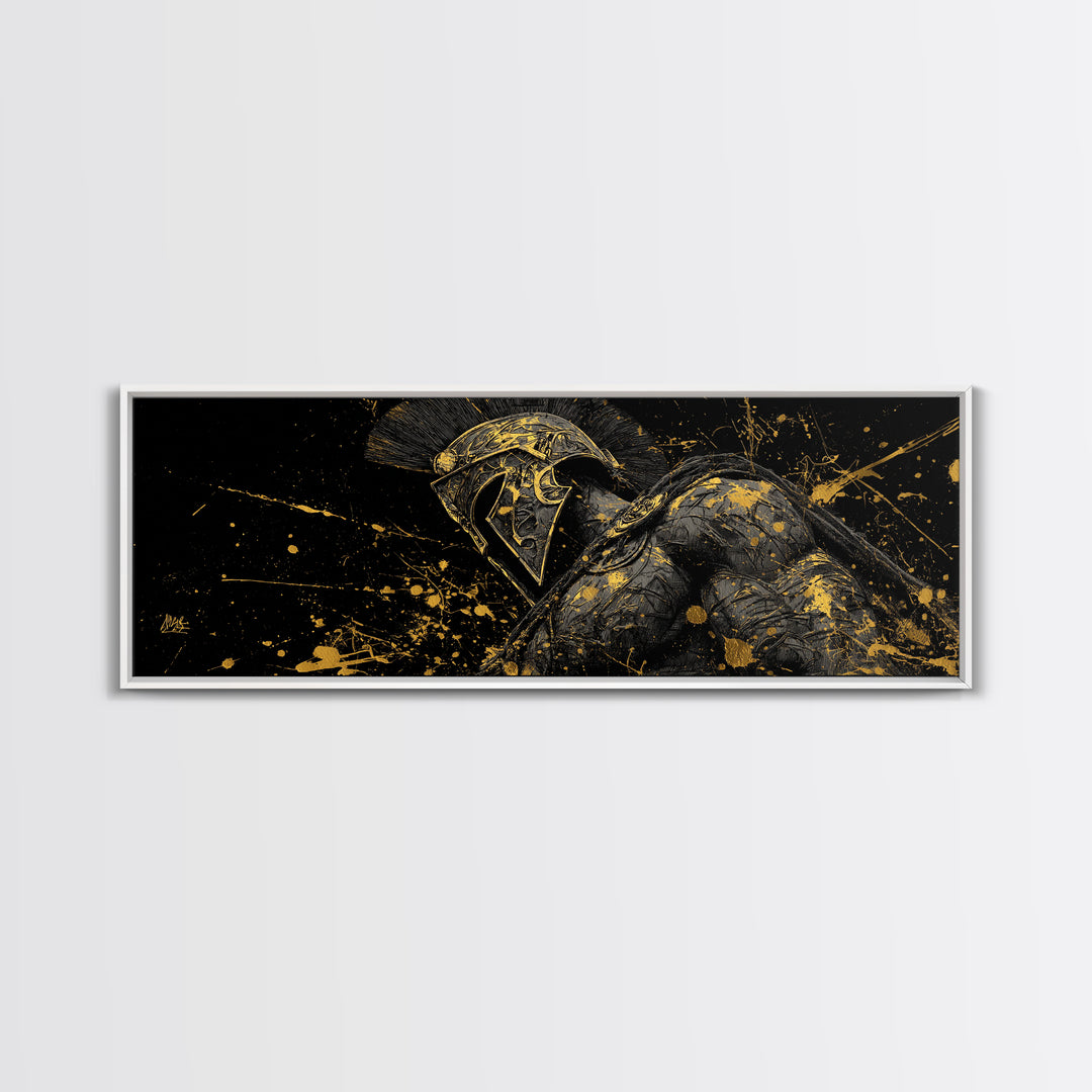 Detailed Spartan Helmet, Ancient Greek Mythological Warrior Decorative Artwork, Gold Canvas Print, Real Wood Frame Wall Art