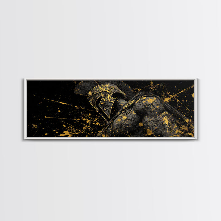 Detailed Spartan Helmet, Ancient Greek Mythological Warrior Decorative Artwork, Gold Canvas Print, Real Wood Frame Wall Art