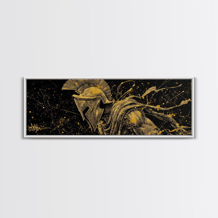 Greek Warrior Battle Pose, Ancient Spartan Hero Decorative Wall Artwork, Gold Canvas Print, Real Wood Frame Wall Decor